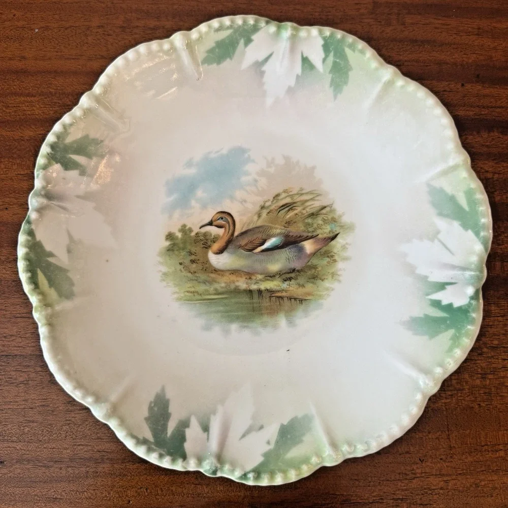 Vintage Silesien Game Bird Plate Mint Green Luster Pink Flowers